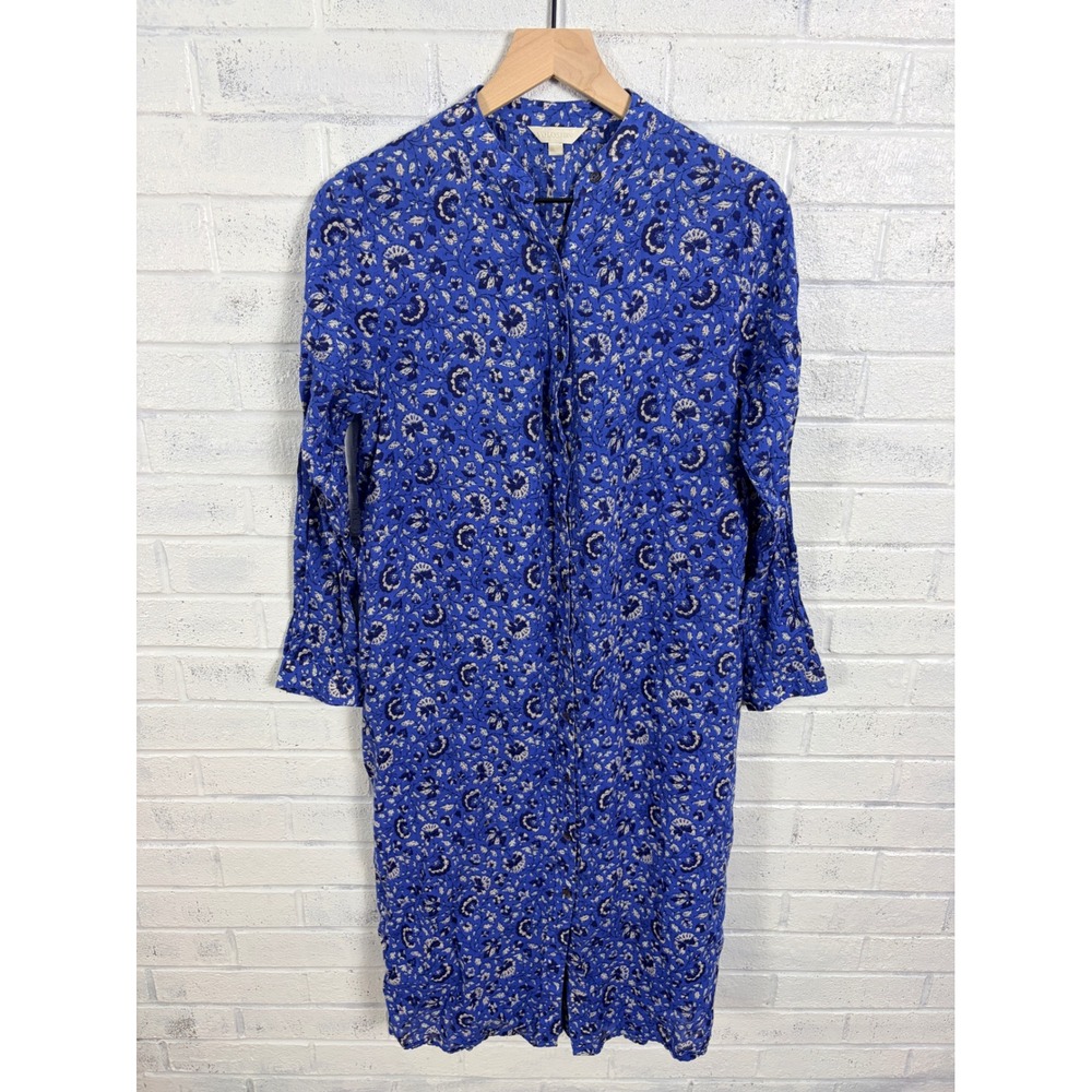 Voloshin Shirt Dress Womens S Blue Floral Pintuck Button Front Midi Boho